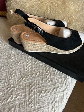 Black Open-Toe Nubuck Slingback Wedge Sandals